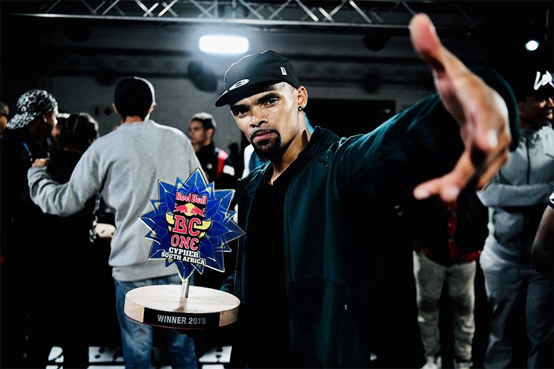 Bboy Benny holding Red Bull BC One Cypher South Africa Winner 2019 trophy